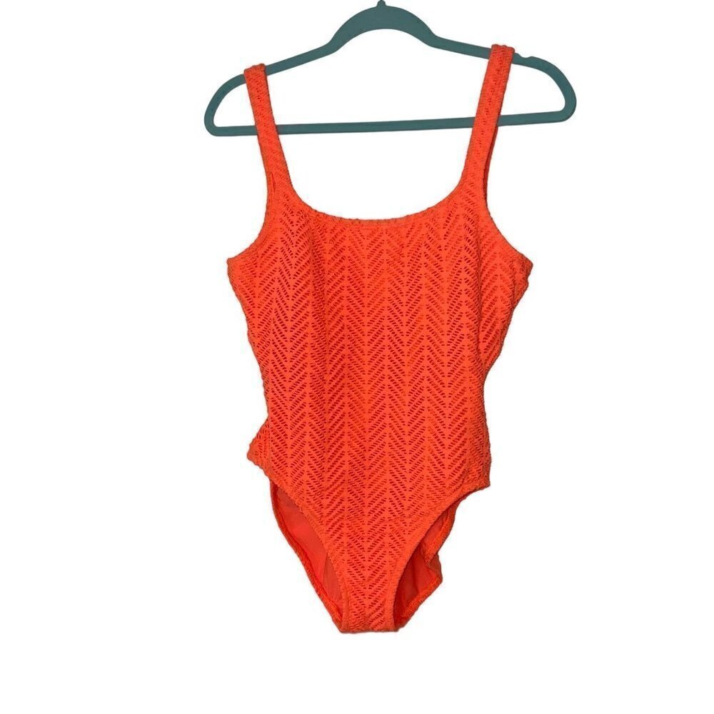 Catalina Vintage 90s Women One Piece Swimsuit Size Large Orange Crochet Low Back